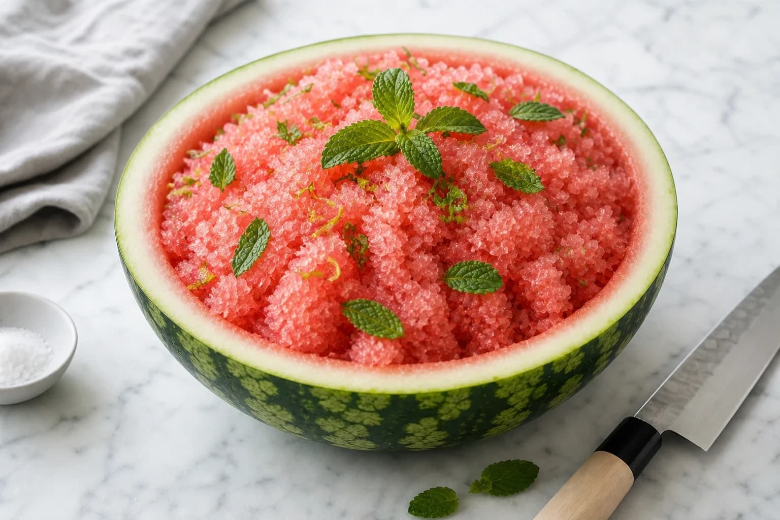 Etape 4 : Servir immédiatement dans la pastèque évidée — Smoothie pastèque glacé : servi dans la pastèque
