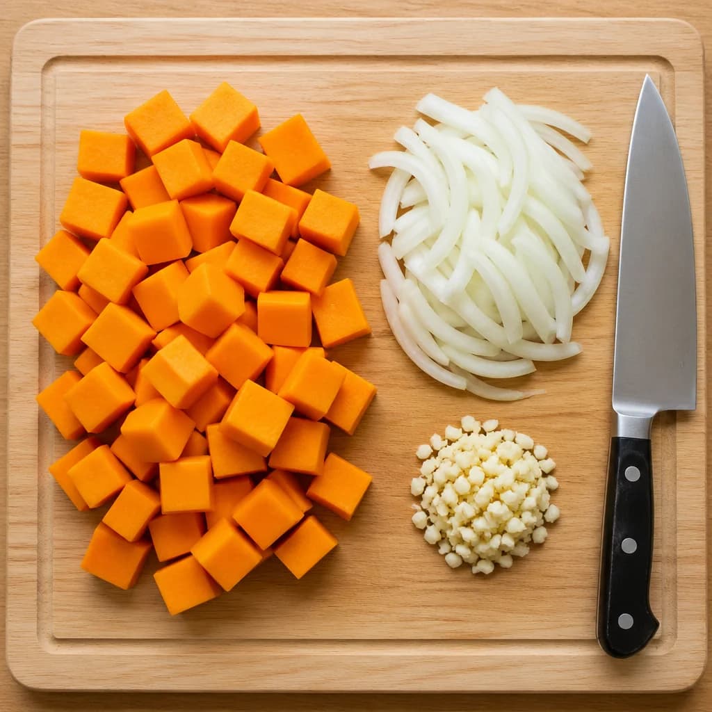 Étape 1 : Préparer les légumes — Velouté butternut, coco & curry