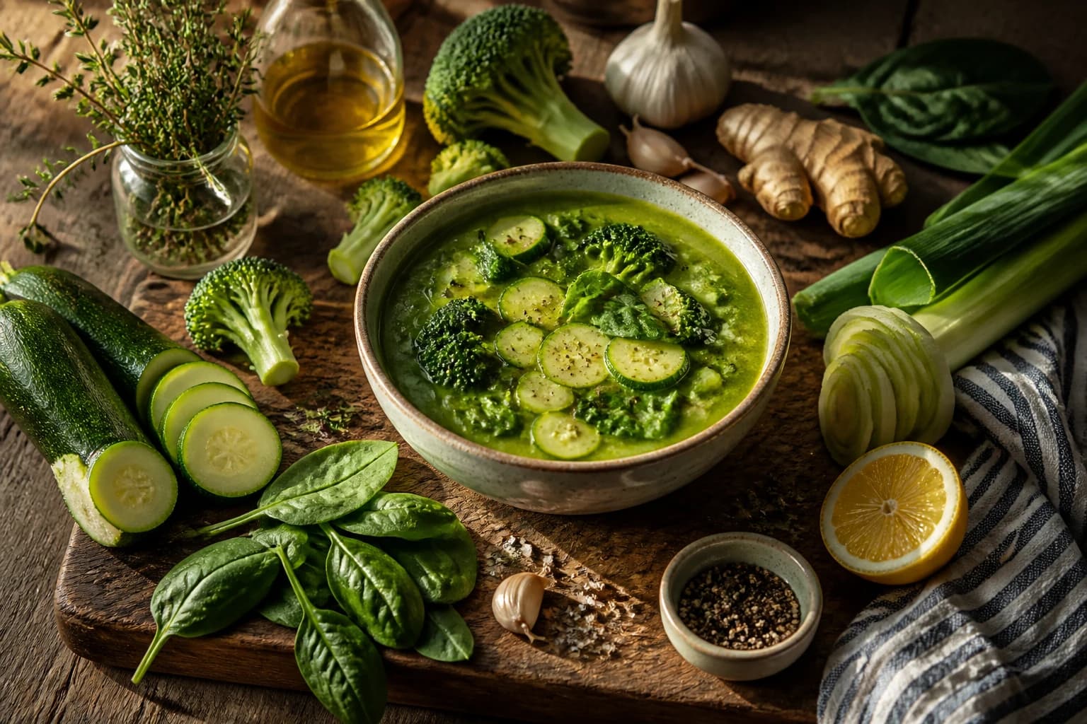 Ingrédients de la soupe détox légumes verts disposés autour du bol final