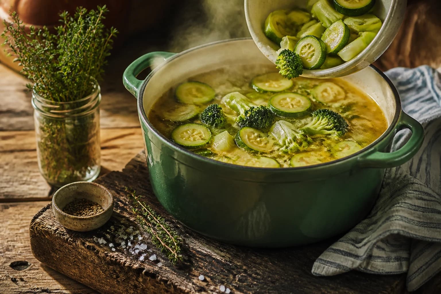 Étape 2 : Ajouter les légumes et le bouillon — Soupe détox légumes verts minceur
