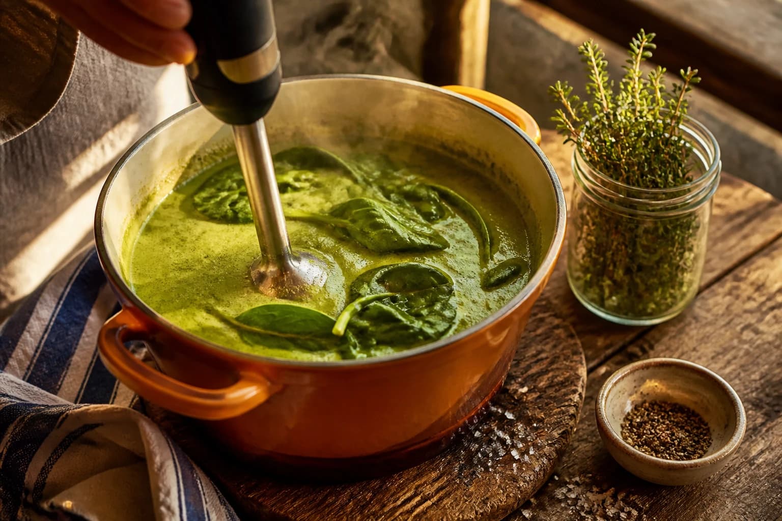 Étape 3 : Incorporer les épinards et mixer — Soupe détox légumes verts minceur