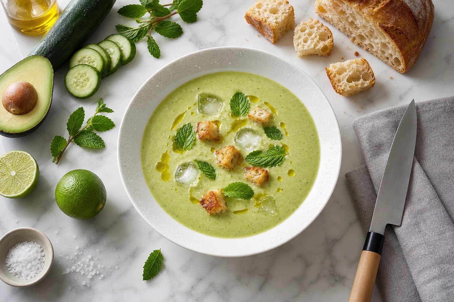 Etape 4 : Préparer les croûtons et dresser — Soupe froide avocat, concombre & menthe