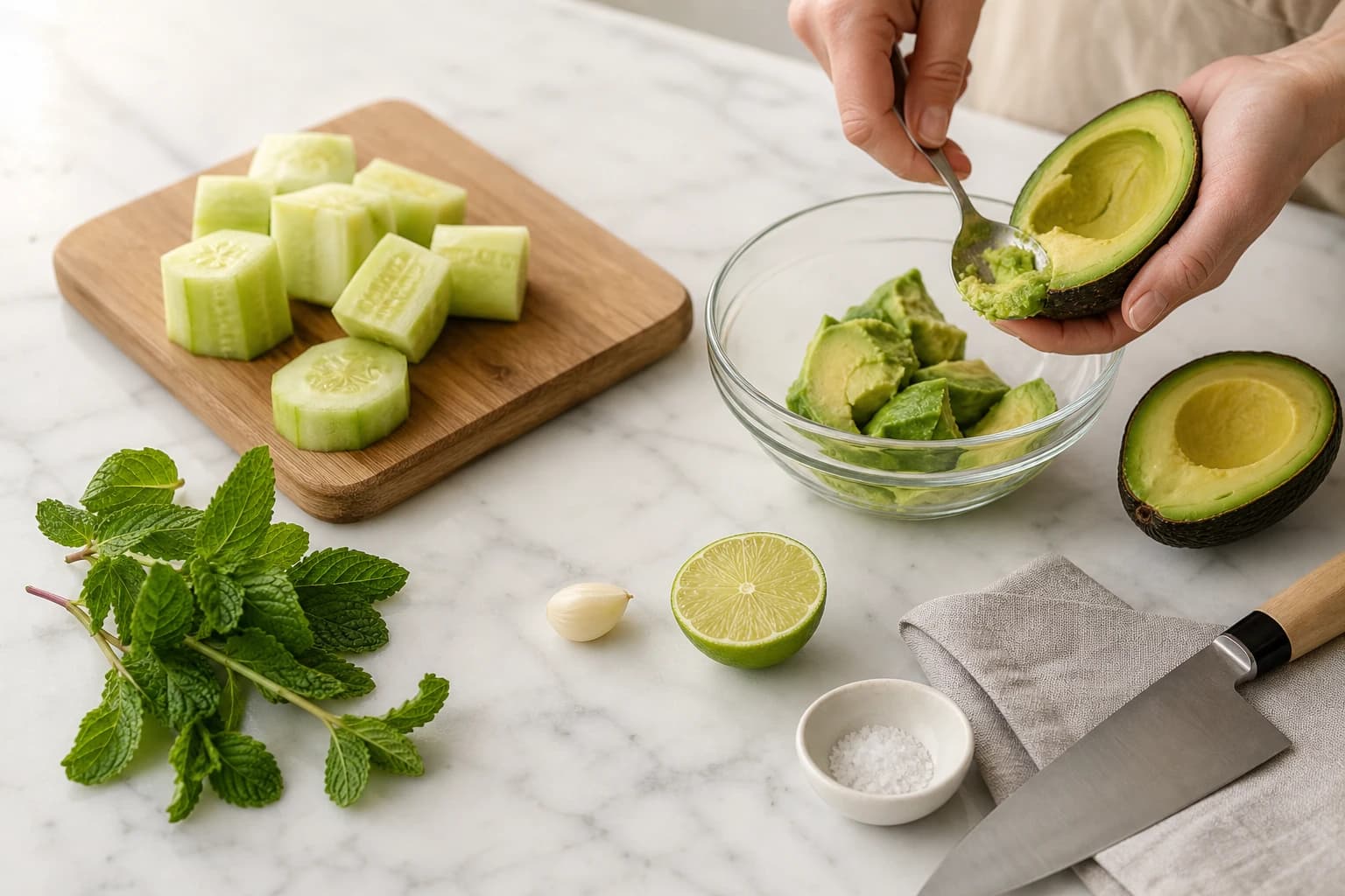 Etape 1 : Préparer les ingrédients — Soupe froide avocat, concombre & menthe