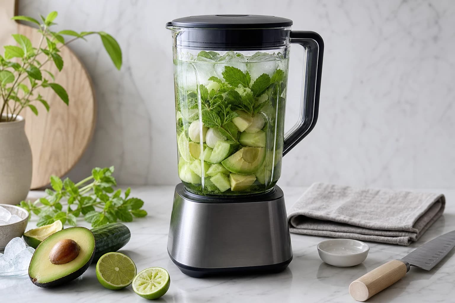 Etape 2 : Mixer la base au blender — Soupe froide avocat, concombre & menthe