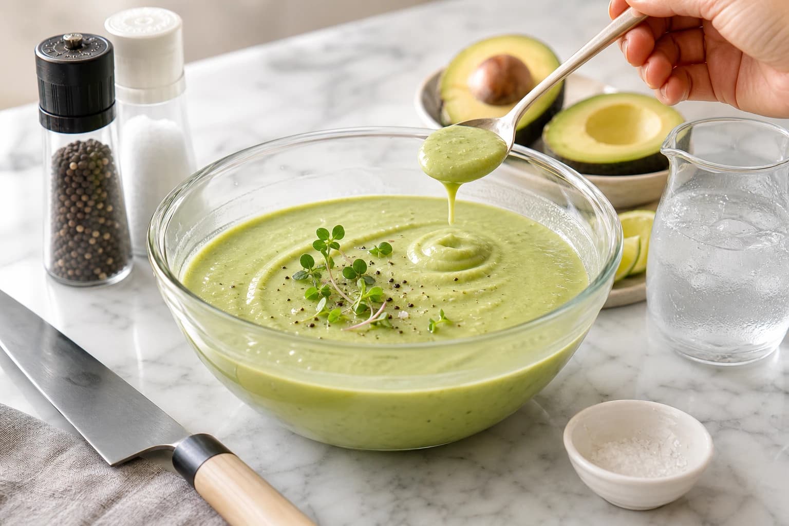 Etape 3 : Ajuster la consistance et goûter — Soupe froide avocat, concombre & menthe