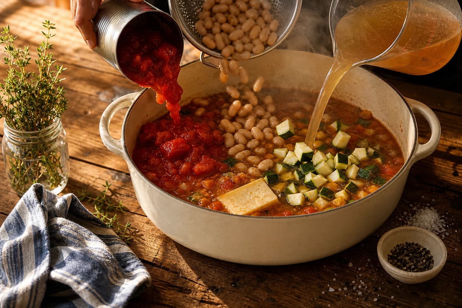 Etape 3 : Ajouter tomates, haricots et bouillon — Minestrone aux haricots cannellini