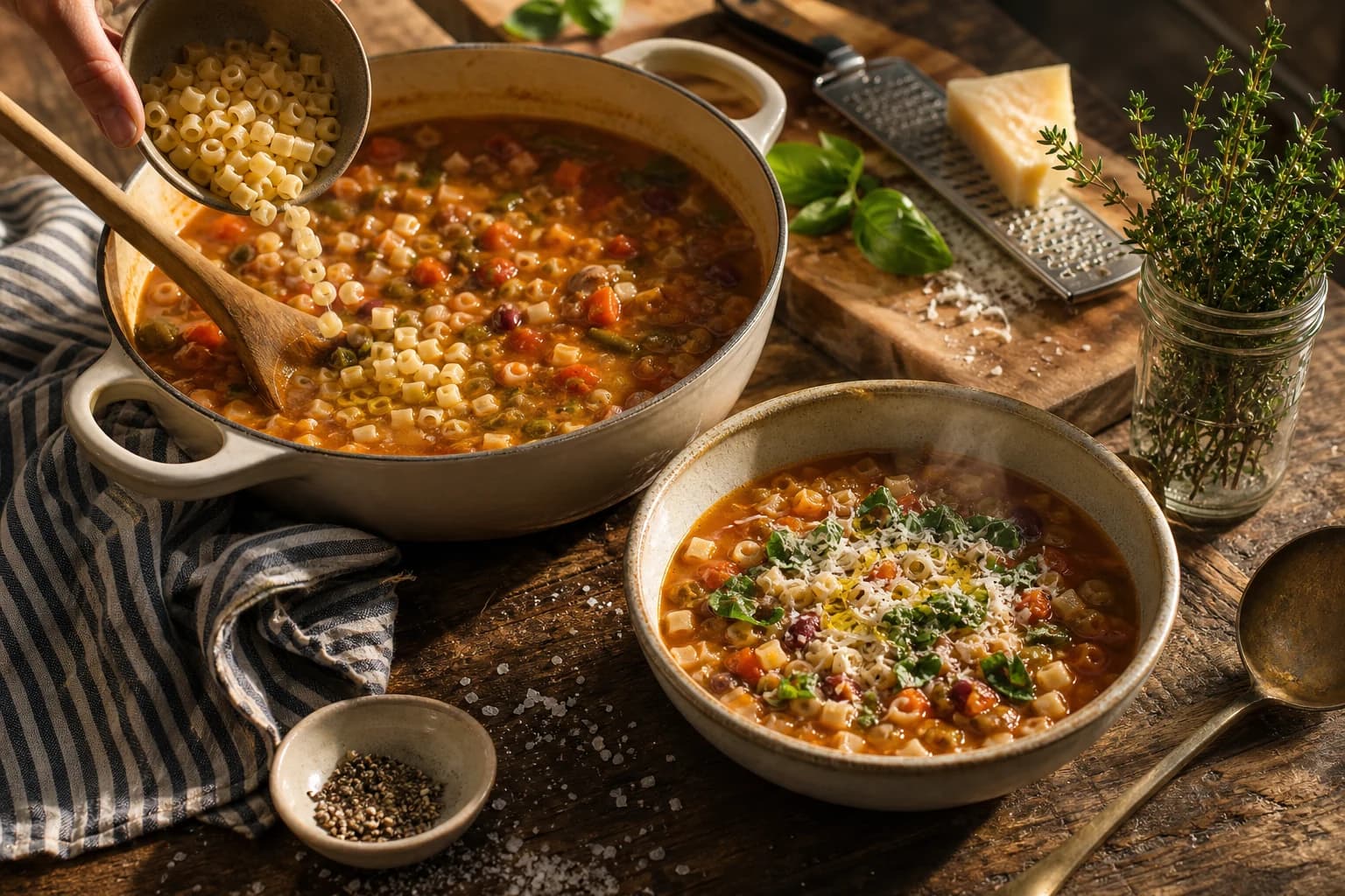 Etape 4 : Ajouter les ditalini et finaliser — Minestrone aux haricots cannellini