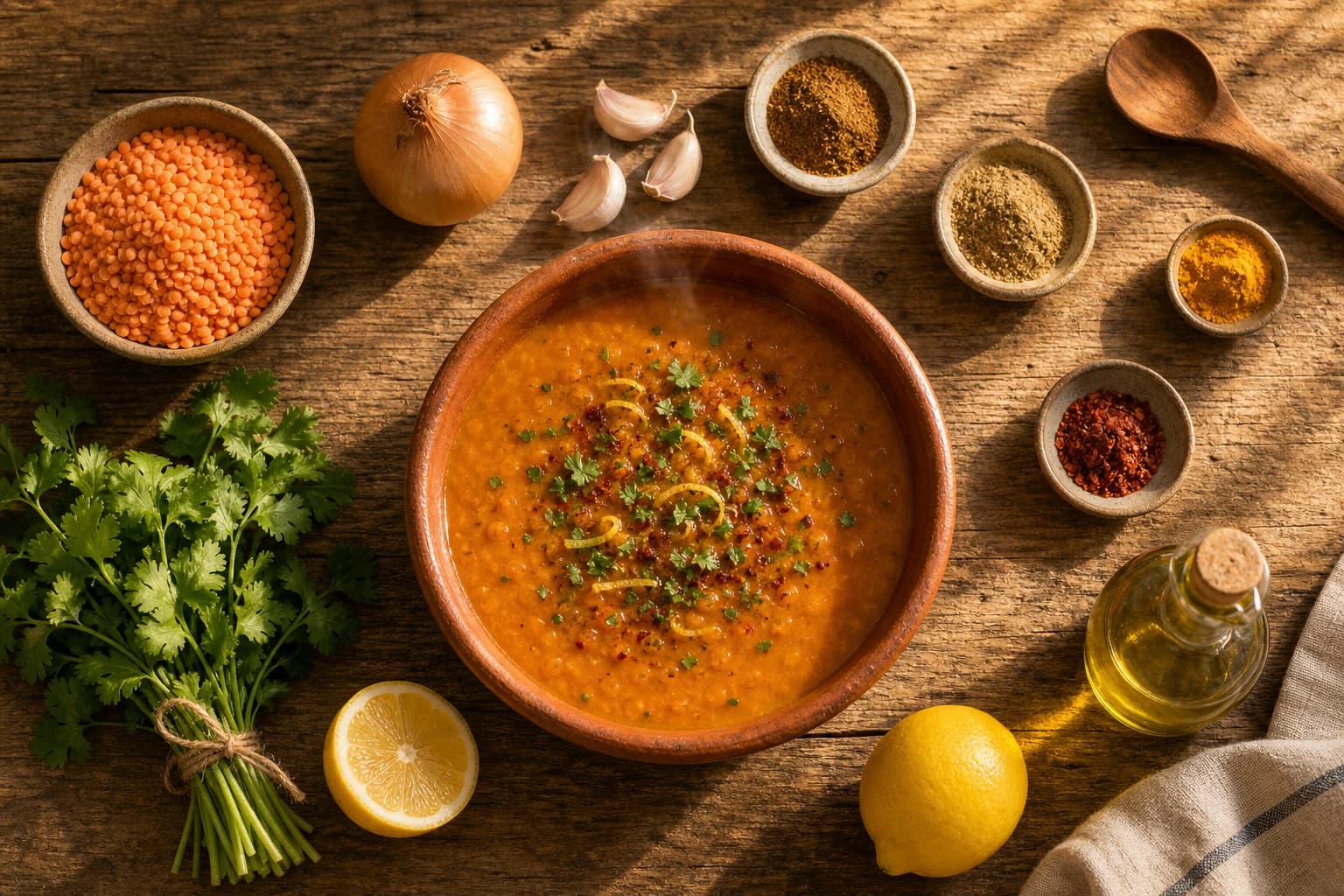 Soupe de lentilles corail au cumin et citron façon dal libanais avec coriandre fraîche et piment d'Alep