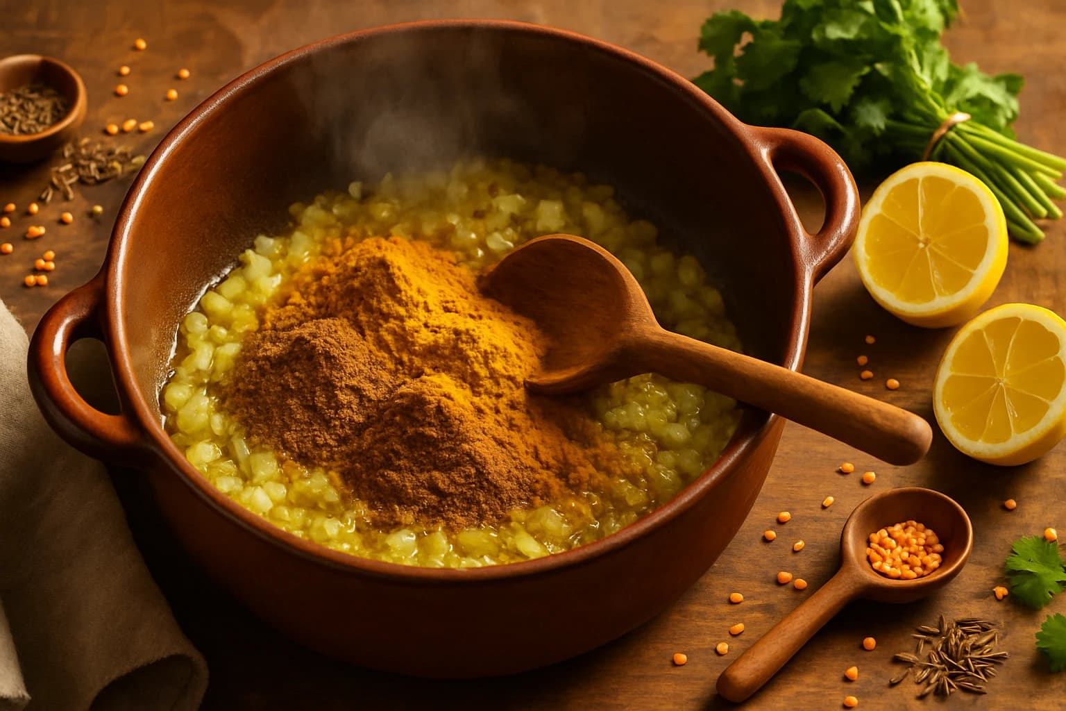 Etape 1 : Torréfier les épices et rissoler l'oignon — Soupe de lentilles, cumin & citron