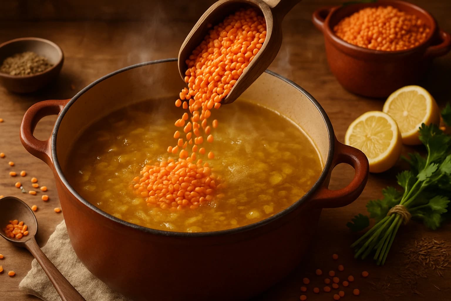Etape 2 : Cuire les lentilles corail dans le bouillon — Soupe de lentilles, cumin & citron