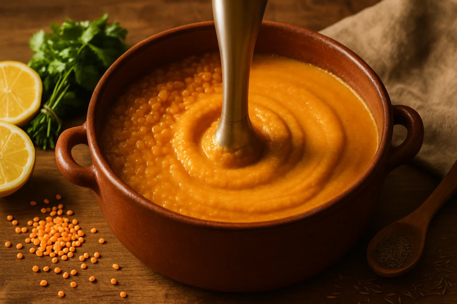 Etape 3 : Mixer pour une texture onctueuse — Soupe de lentilles, cumin & citron