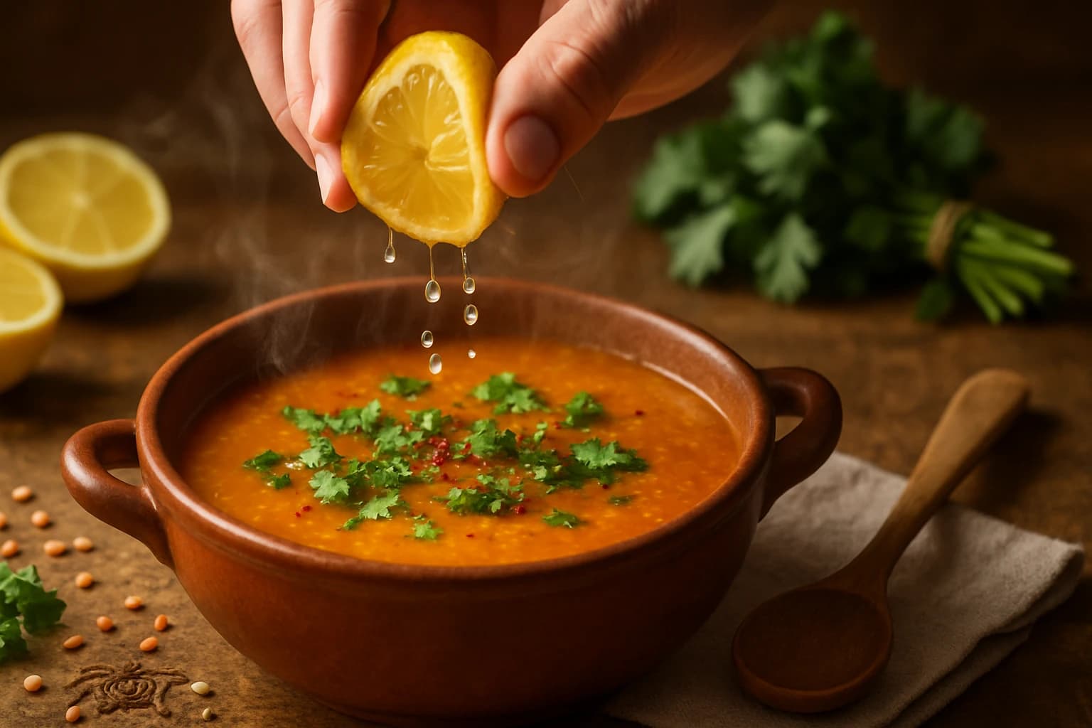 Etape 4 : Acidifier au citron et dresser — Soupe de lentilles, cumin & citron