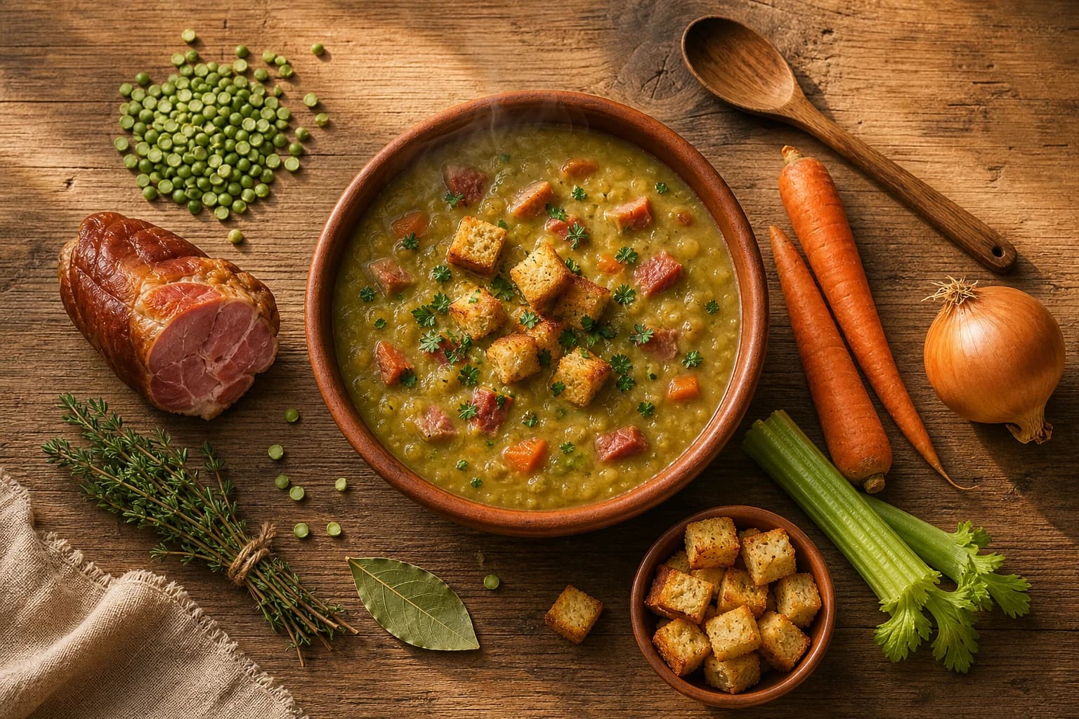 Soupe pois cassés jambon fumé épaisse dans un bol avec persil et croûtons