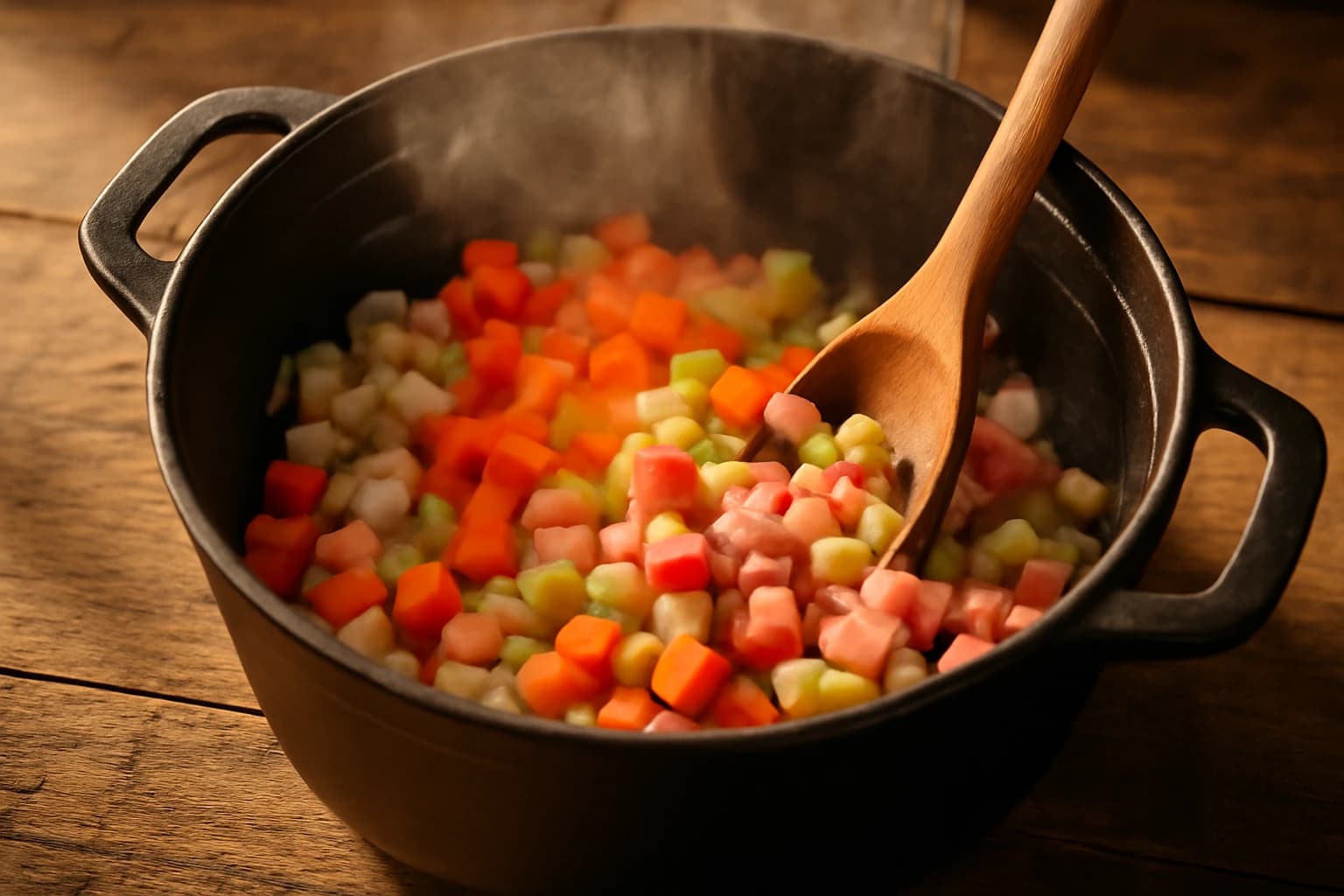 Etape 2 : Faire revenir aromates et jambon — Soupe de pois cassés au jambon fumé