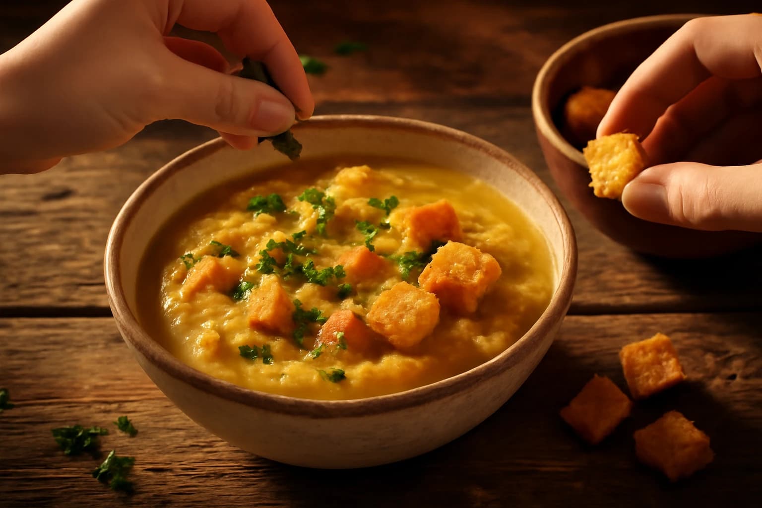 Etape 4 : Mixer partiellement, assaisonner, dresser — Soupe de pois cassés au jambon fumé