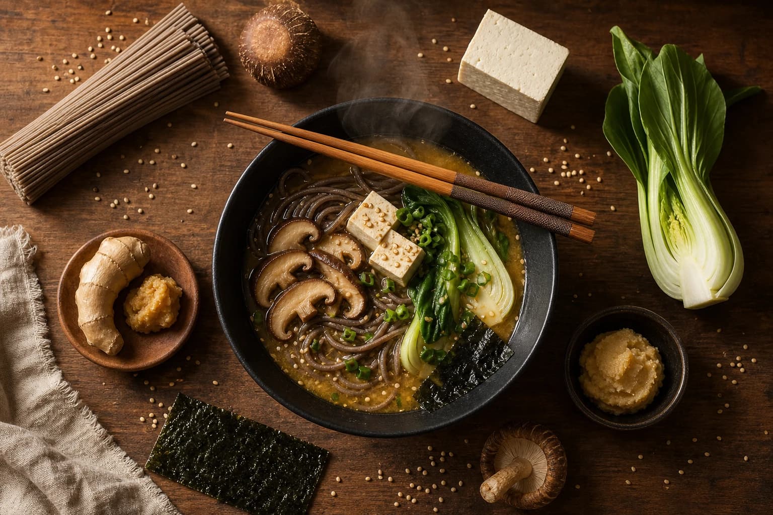 Ramen vegan au miso shiro et shiitakés umami avec nouilles soba, tofu grillé, pak choï et nori