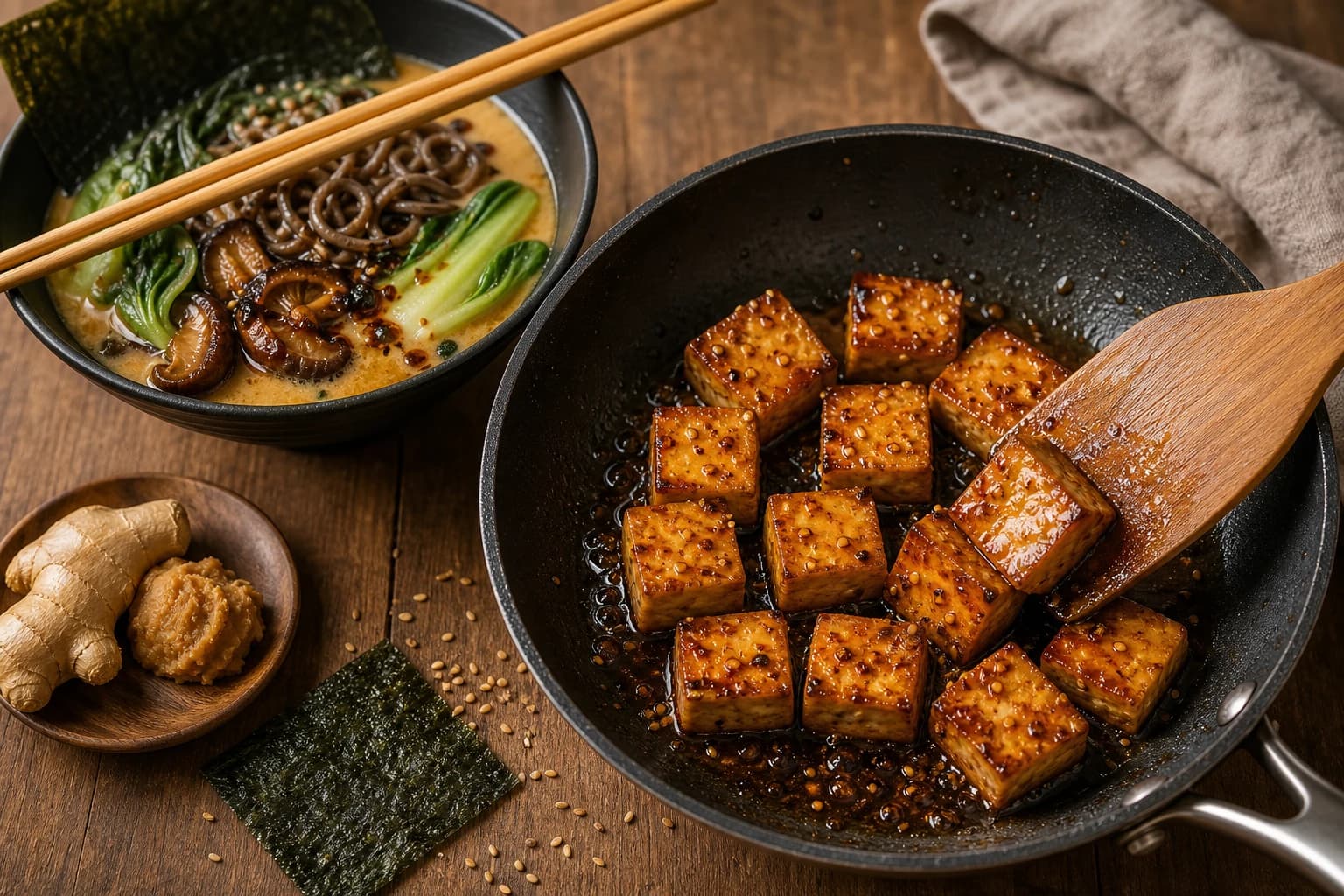Etape 2 : Mariner et griller le tofu — Ramen vegan miso & shiitake
