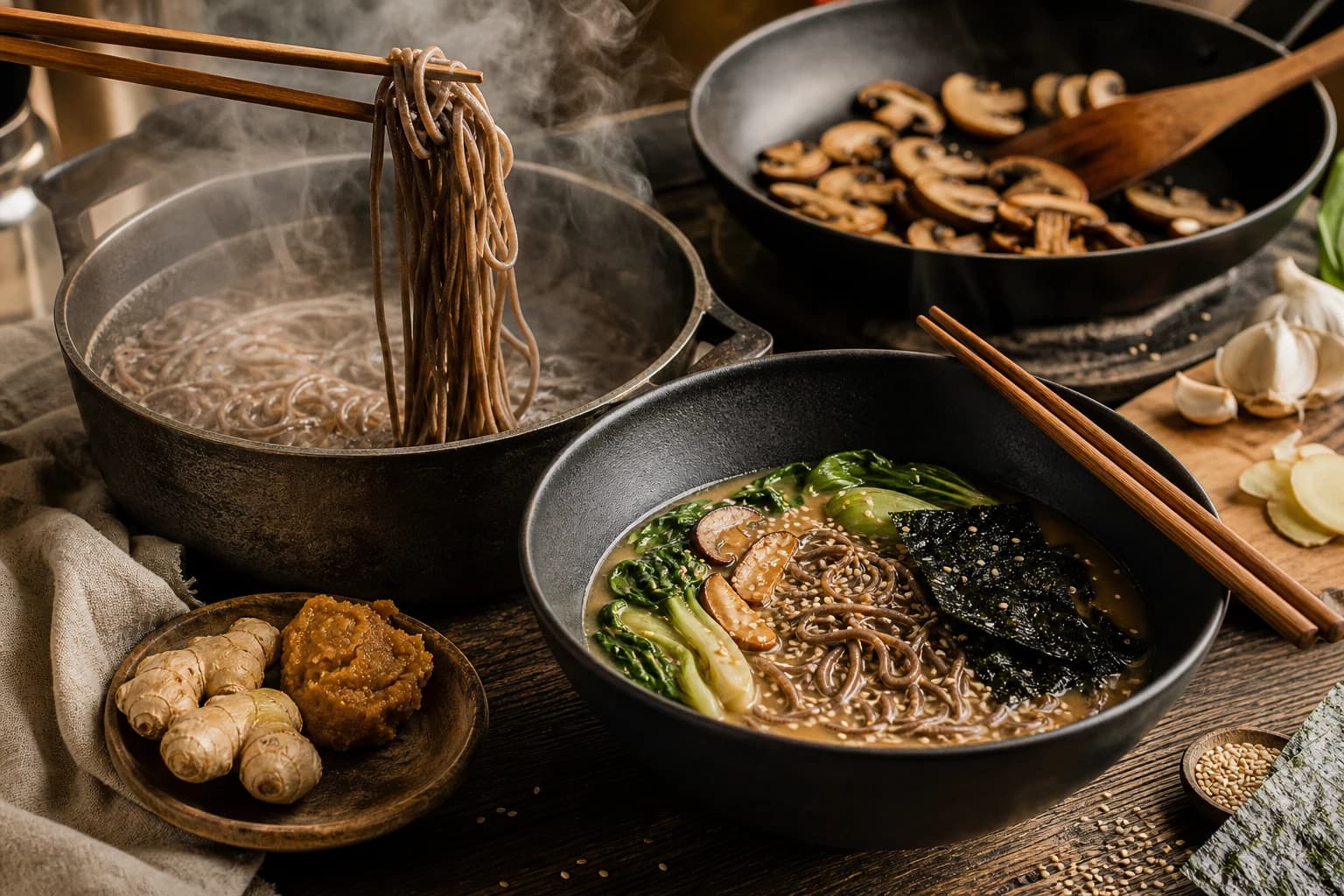 Etape 3 : Cuire les nouilles et préparer les légumes — Ramen vegan miso & shiitake