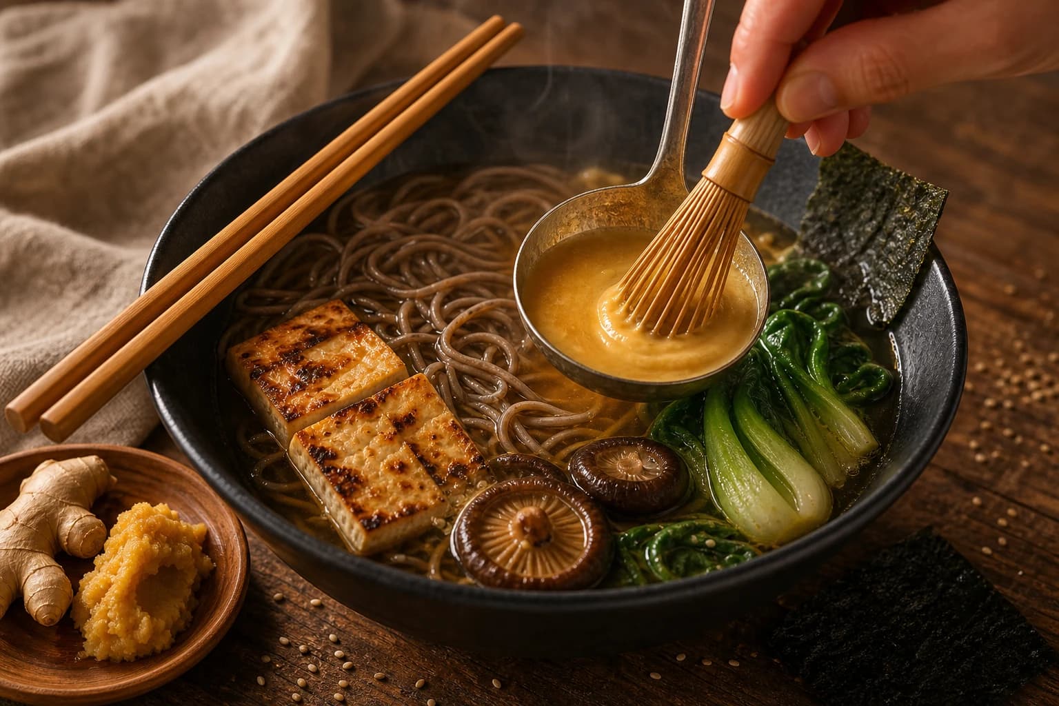 Etape 4 : Assembler les bols ramen au miso — Ramen vegan miso & shiitake