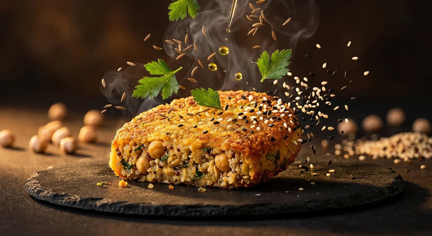 Steak végétarien pois chiches quinoa croustillant sur planche en bois
