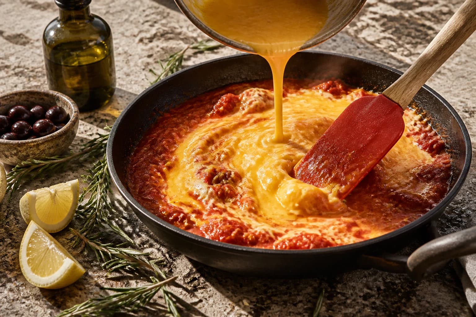 Etape 3 : Cuire les oeufs brouillés — Strapatsada grecque : oeufs brouillés à la feta et aux tomates