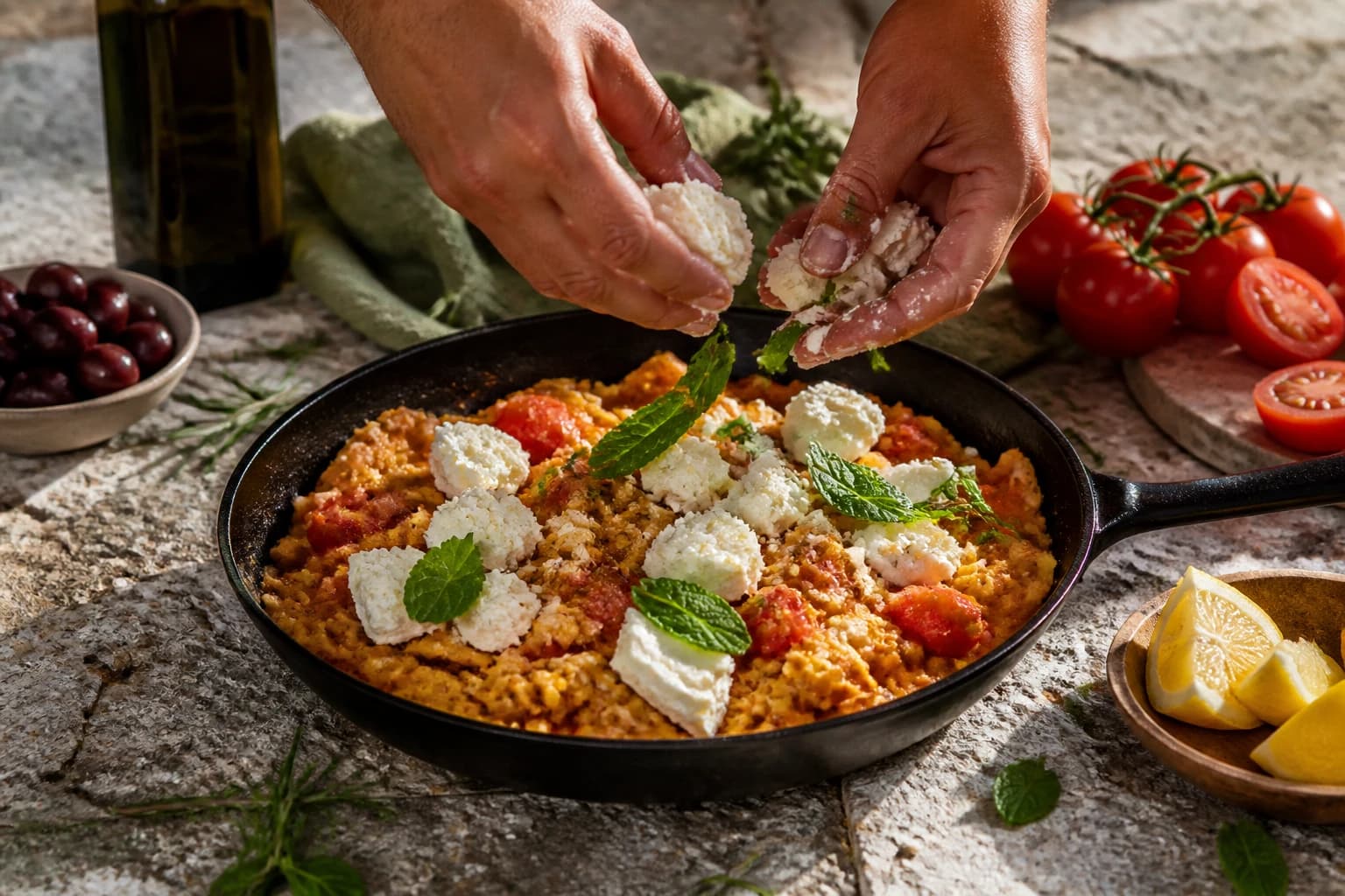 Etape 4 : Ajouter la feta — Strapatsada grecque : oeufs brouillés à la feta et aux tomates