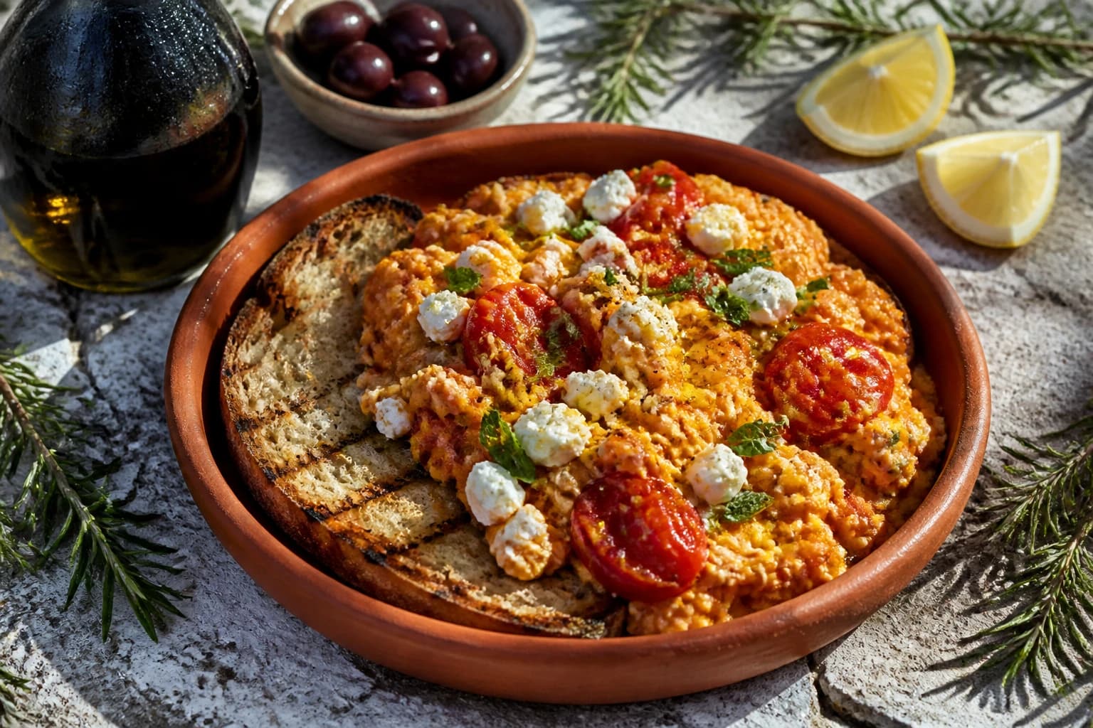 Etape 5 : Finitions et service — Strapatsada grecque : oeufs brouillés à la feta et aux tomates