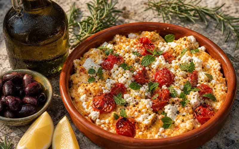 Strapatsada grecque dans un plat en terre cuite, oeufs brouillés crémeux avec tomates confites et feta émiettée, feuilles de menthe fraîche