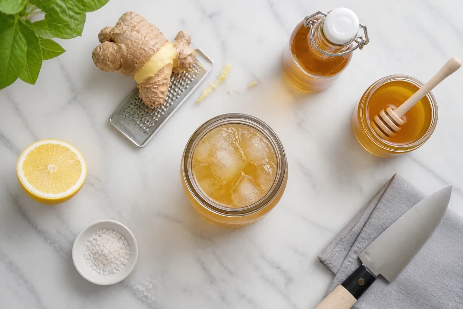 Switchel au vinaigre de cidre versé sur glaçons dans un bocal en verre, gingembre et citron en arrière-plan