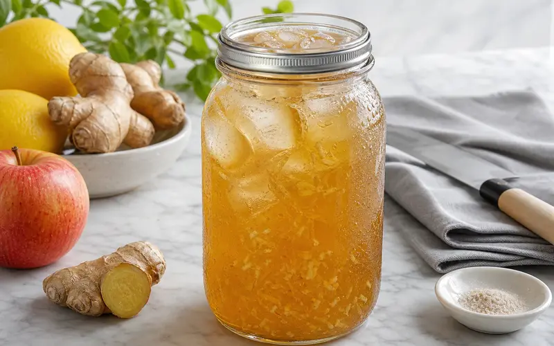 Verre de switchel au vinaigre de cidre et gingembre servi avec glaçons dans un bocal en verre mason jar