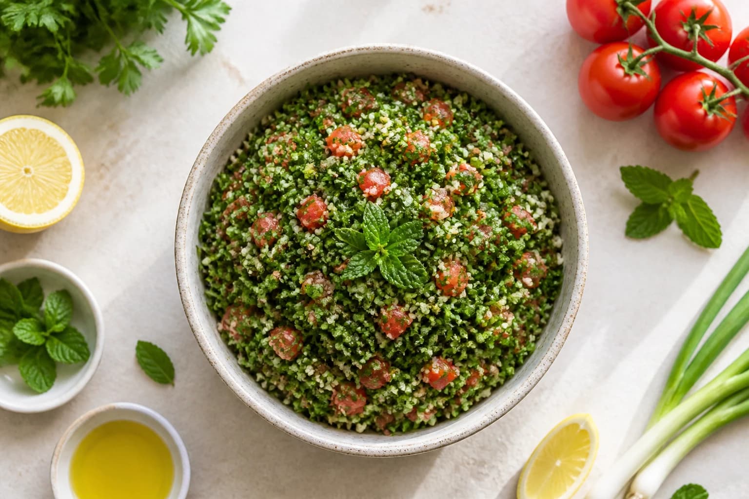 Tabouli libanais authentique vue de dessus avec persil plat, tomates et boulgour fin ciselés