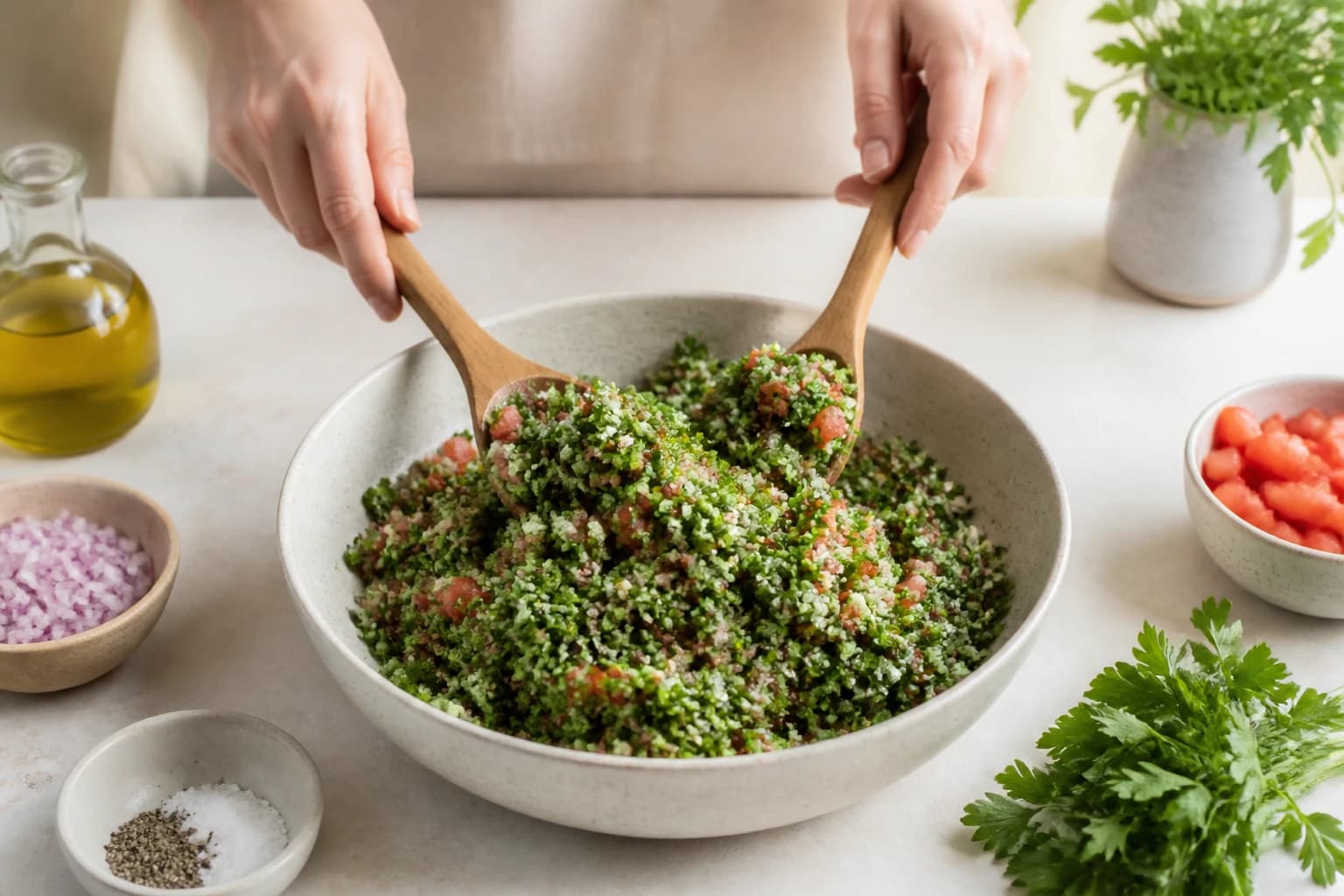 Etape 1 : Hydrater le boulgour à froid — Tabouli libanais aux herbes fraîches
