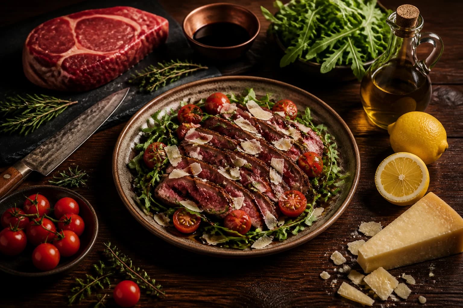 Tagliata de bœuf rosée tranchée finement sur lit de roquette avec copeaux de parmesan et huile d'olive