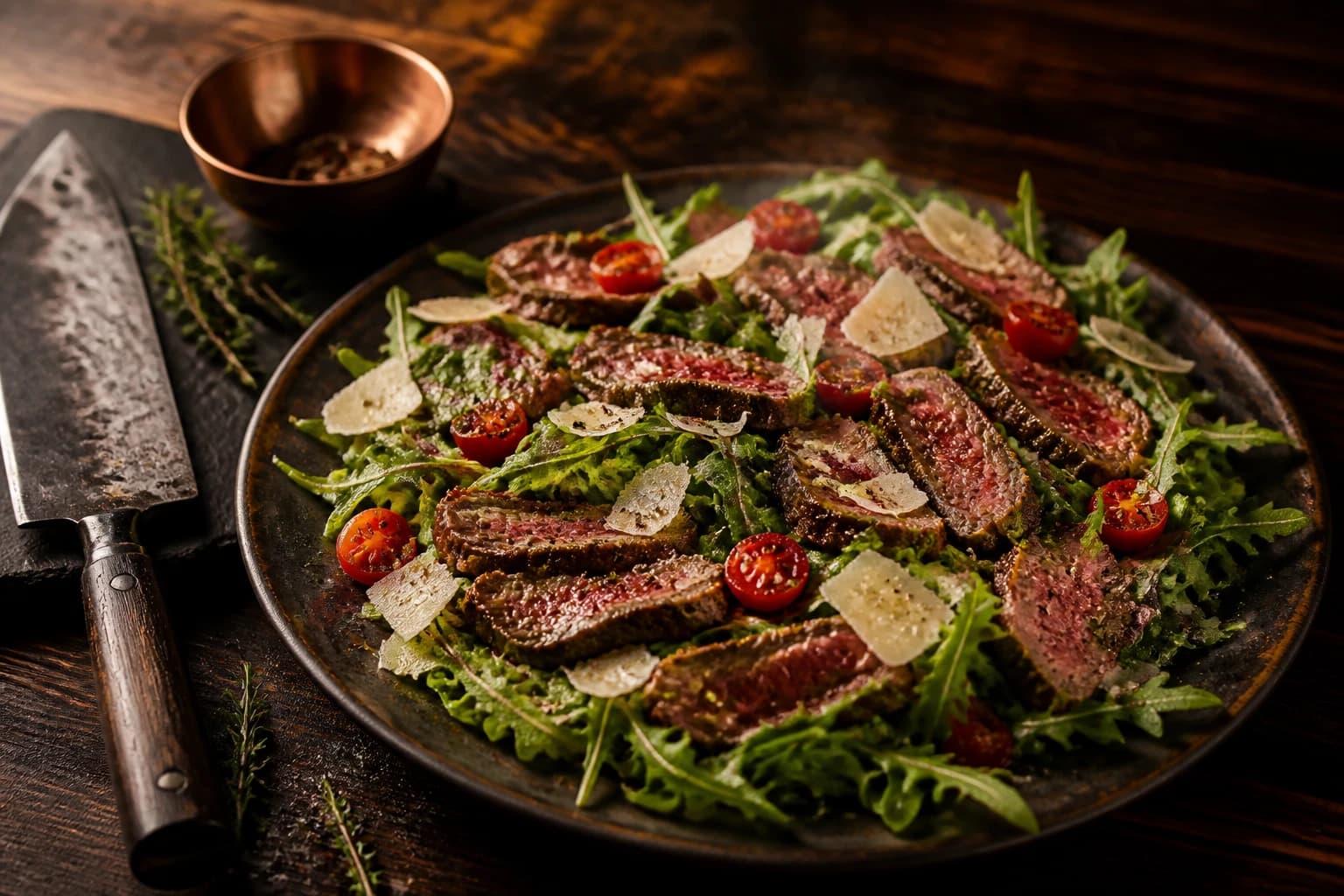 Etape 4 : Dresser et servir — Tagliata de bœuf à la roquette : tendre et fondante