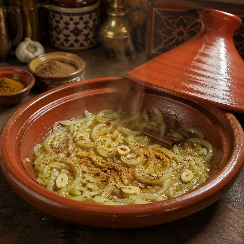 Étape 1 : Faire revenir les aromates — Tajine végétarien abricots & miel