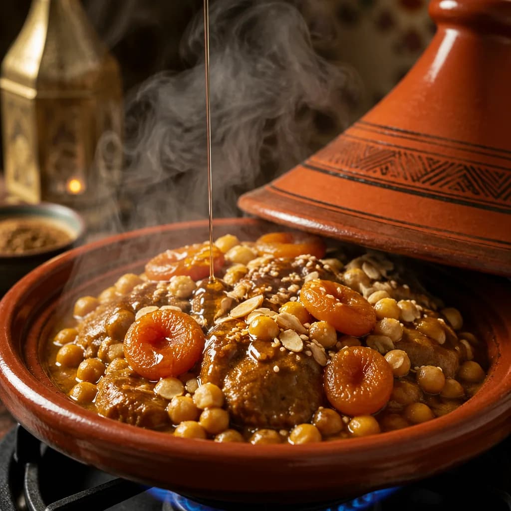 Étape 3 : Mijoter avec les pois chiches et abricots — Tajine végétarien abricots & miel