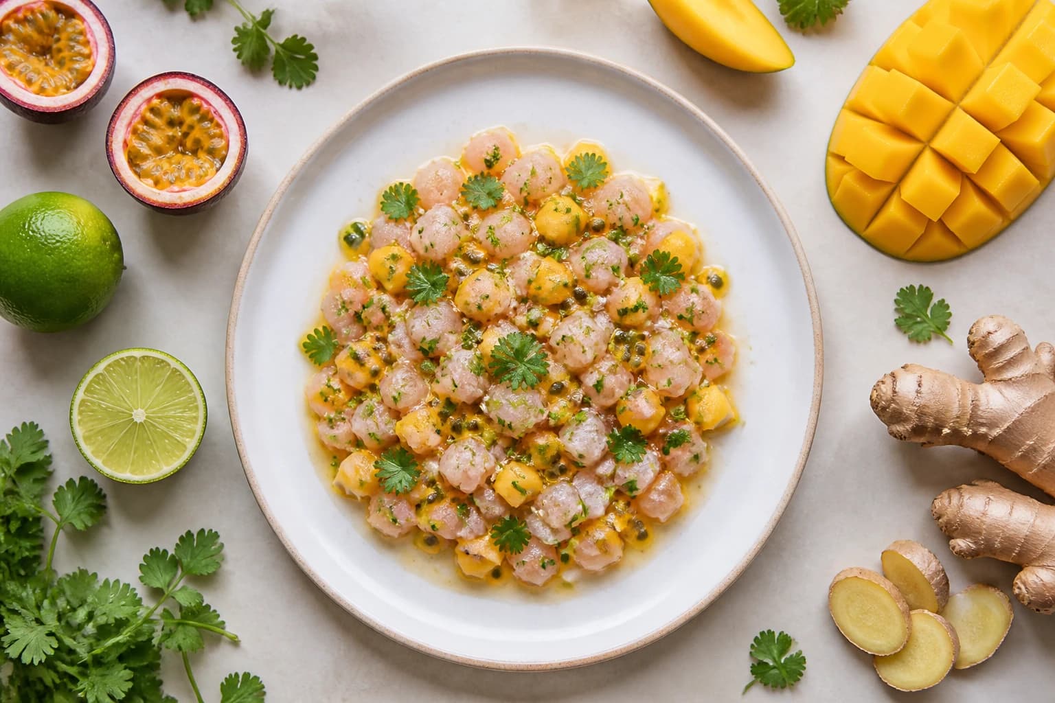 Tartare de bar fruit de la passion mangue — brunoise en dôme avec coriandre et zestes de citron vert