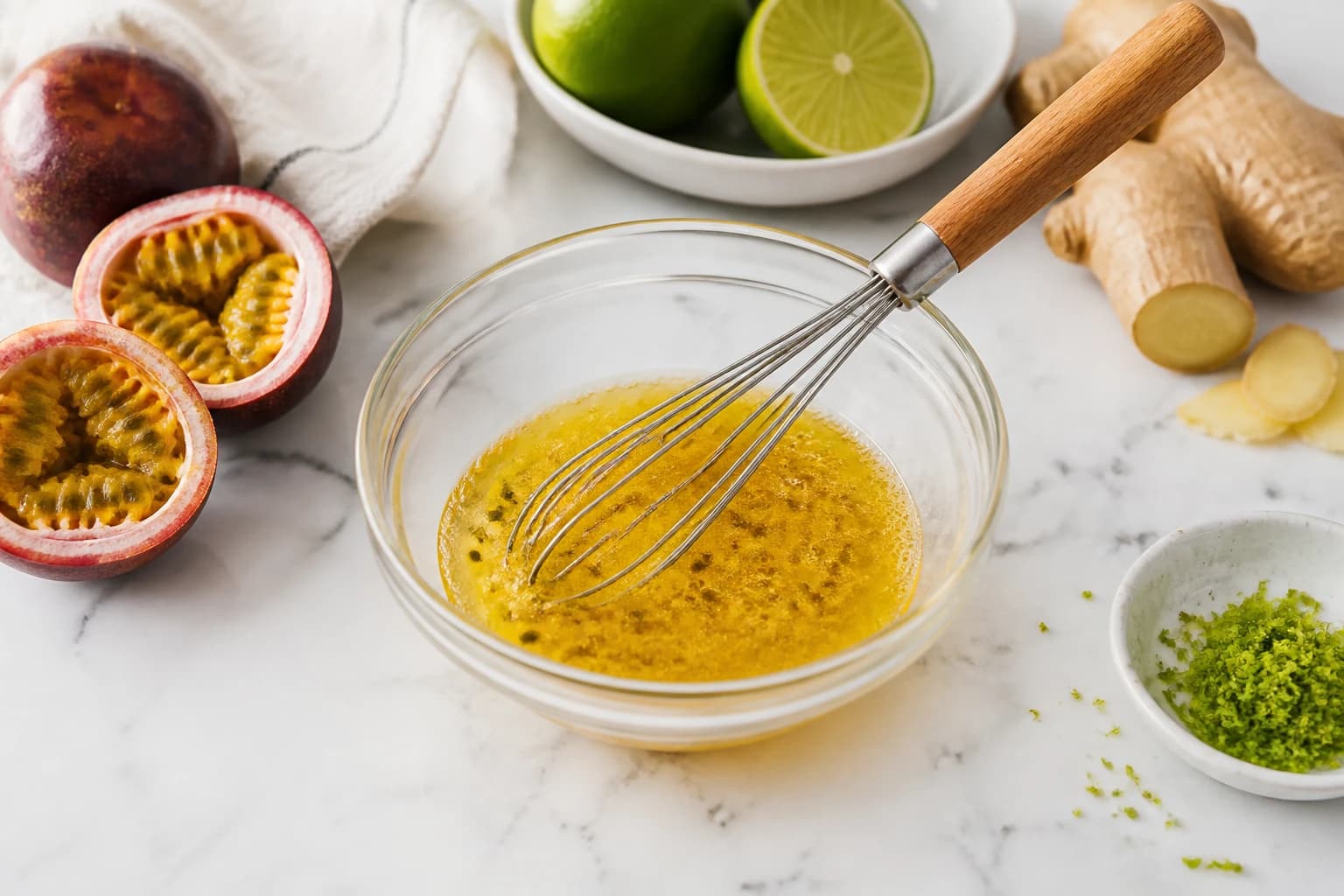 Etape 2 : Composer la marinade passion-citron vert — Tartare de bar, passion & mangue
