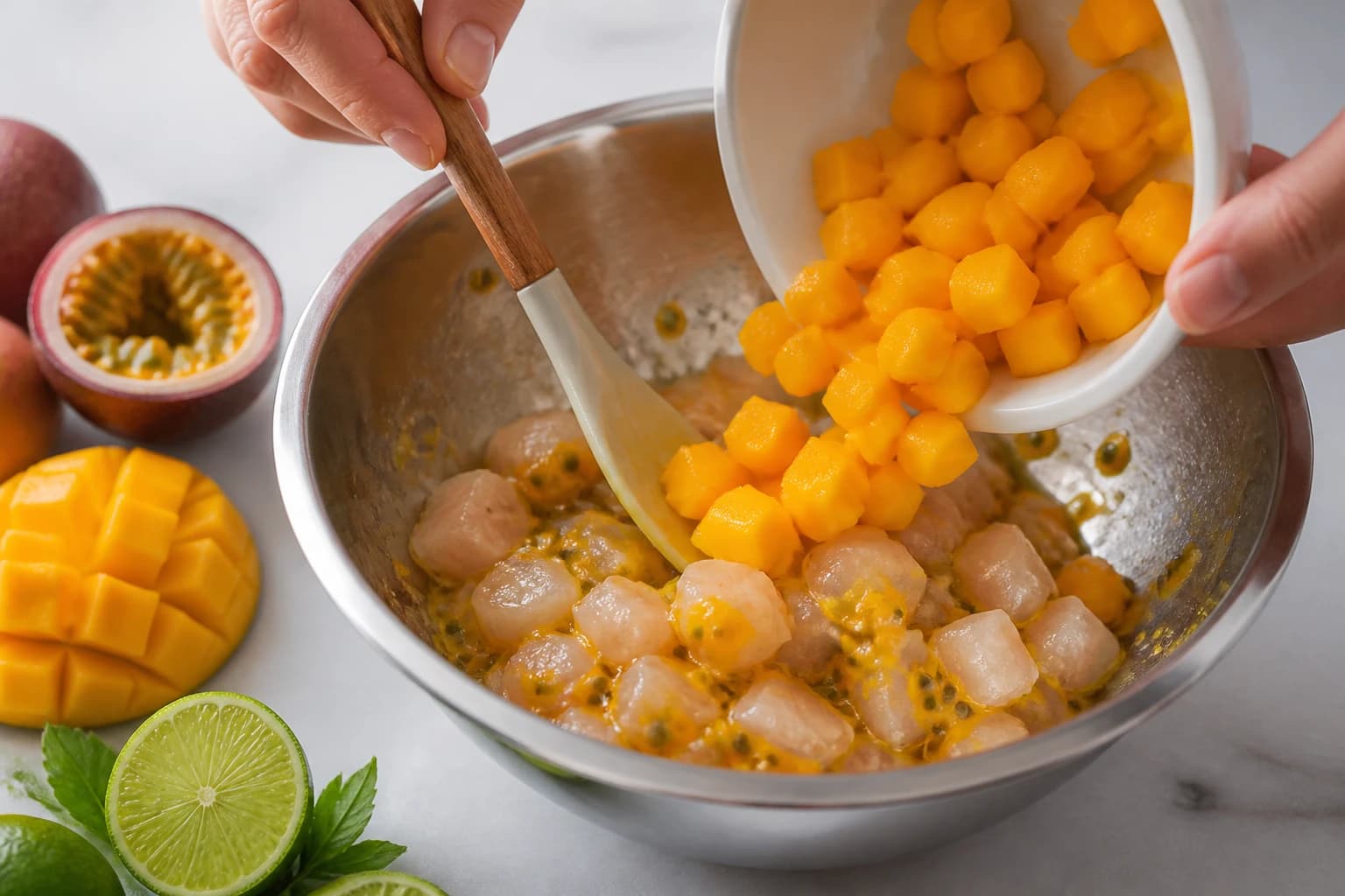 Etape 3 : Mariner le bar et assembler la brunoise de mangue — Tartare de bar, passion & mangue