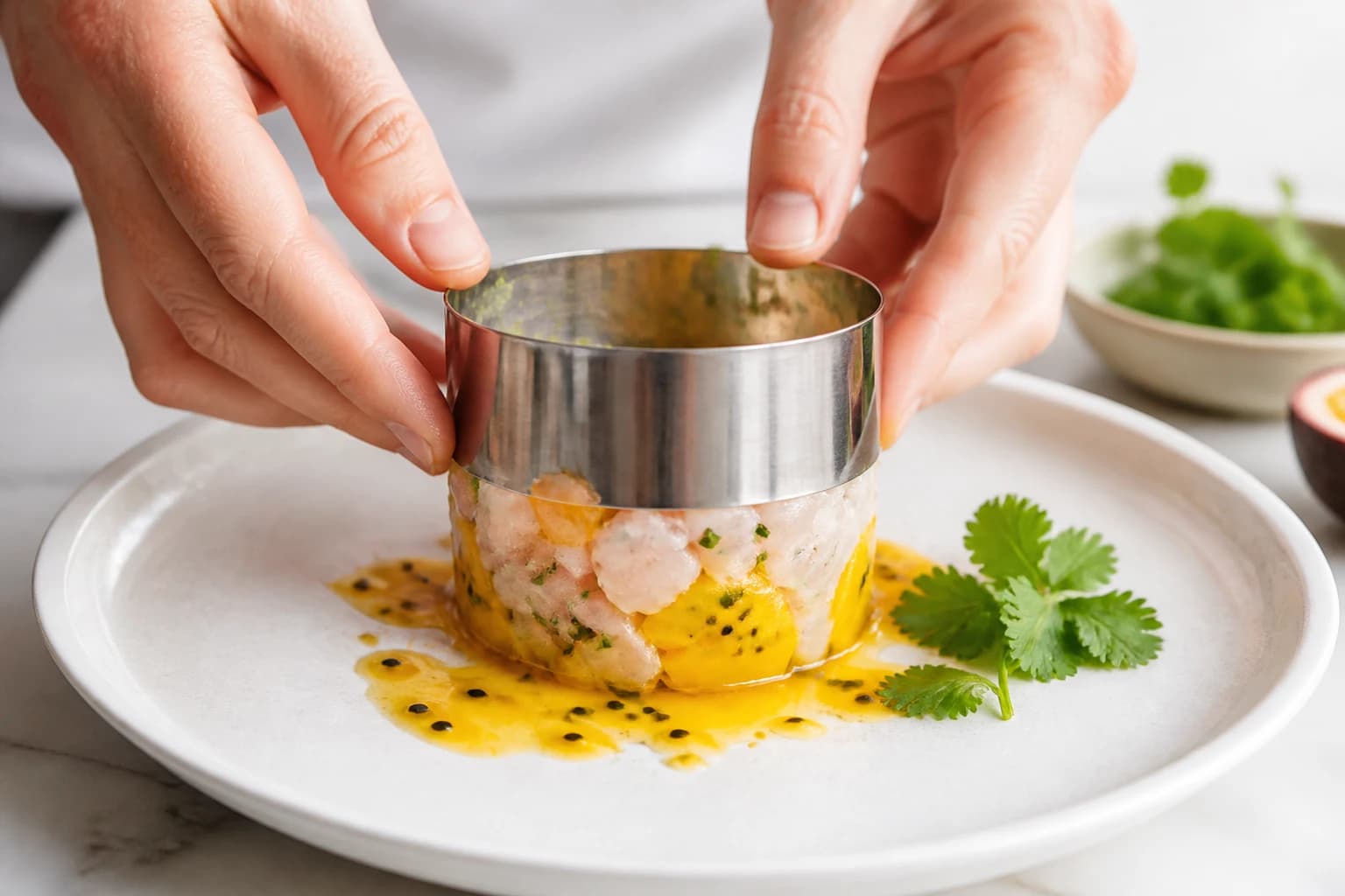 Etape 4 : Dresser et servir — Tartare de bar, passion & mangue