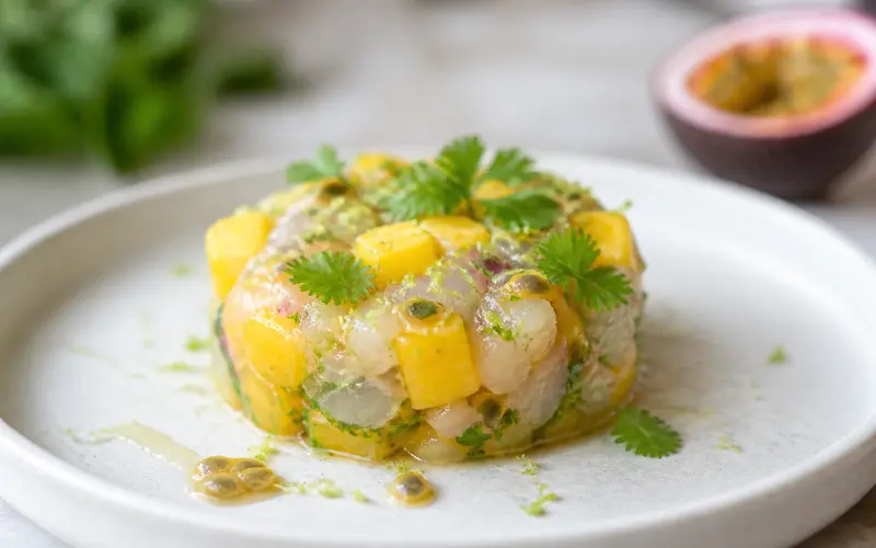 Tartare de bar, passion & mangue