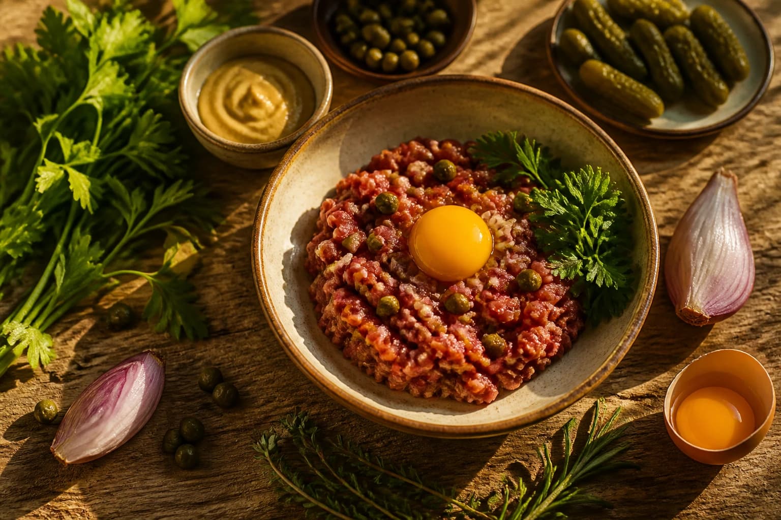 Tartare de boeuf Charolais classique vue du dessus avec condiments et ingrédients bruts disposés autour