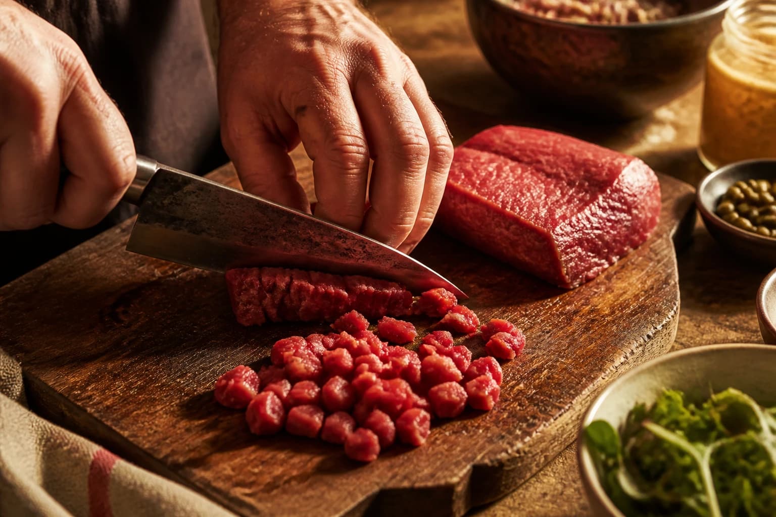 Etape 1 : Préparer et hacher la viande au couteau — Tartare de bœuf charolais classique