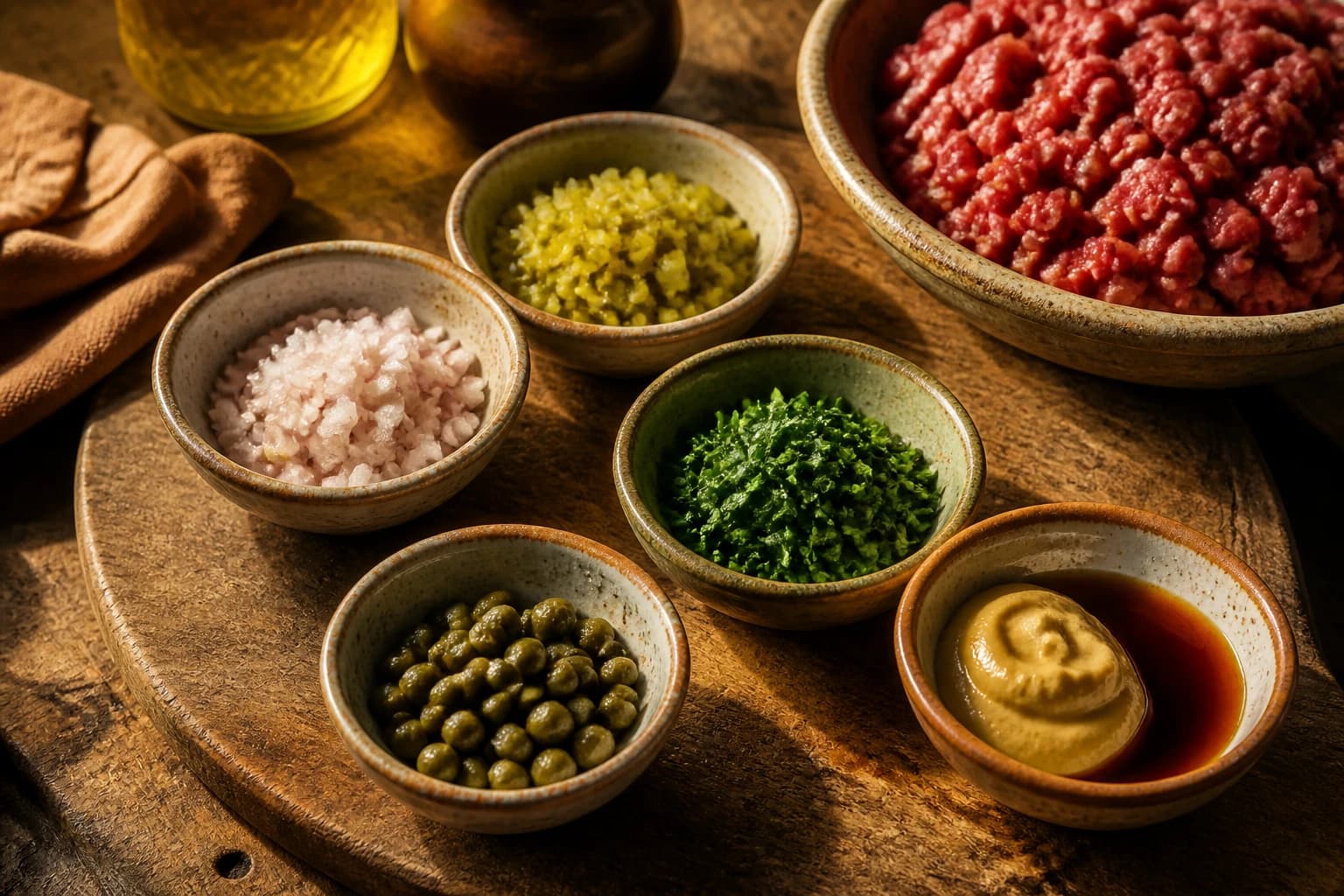 Etape 2 : Préparer et mesurer les condiments — Tartare de bœuf charolais classique