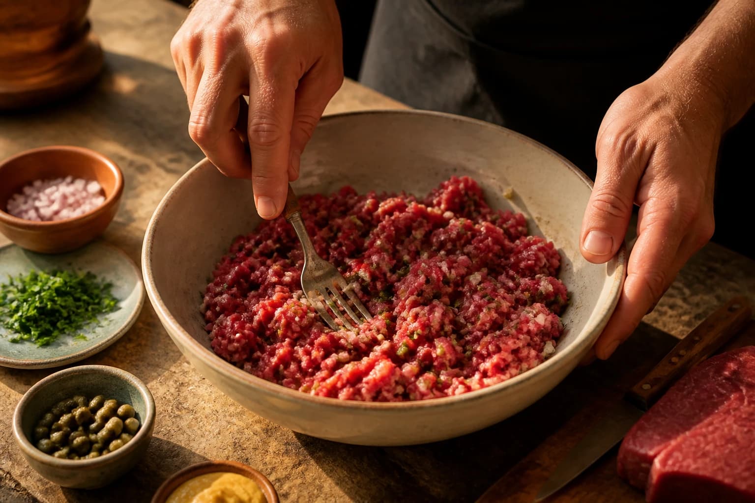 Etape 3 : Assembler le tartare et assaisonner — Tartare de bœuf charolais classique