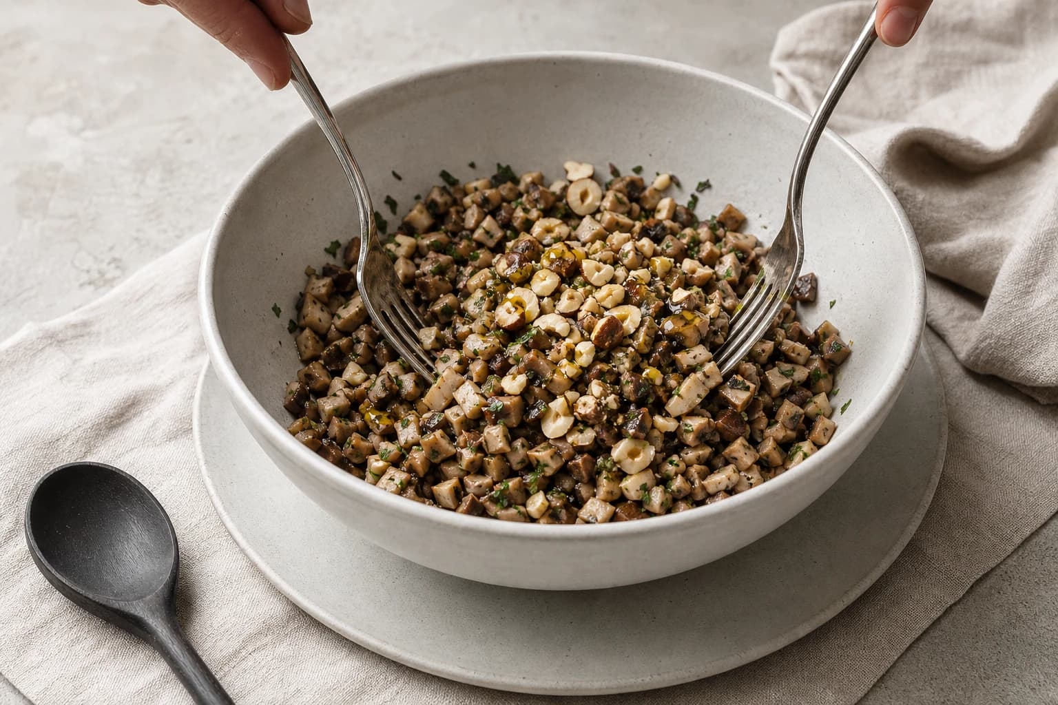 Étape 3 : Assaisonner le tartare — Tartare champignons, truffe & noisette