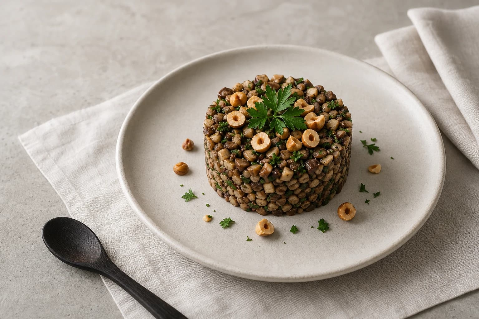 Étape 4 : Dresser et servir — Tartare champignons, truffe & noisette