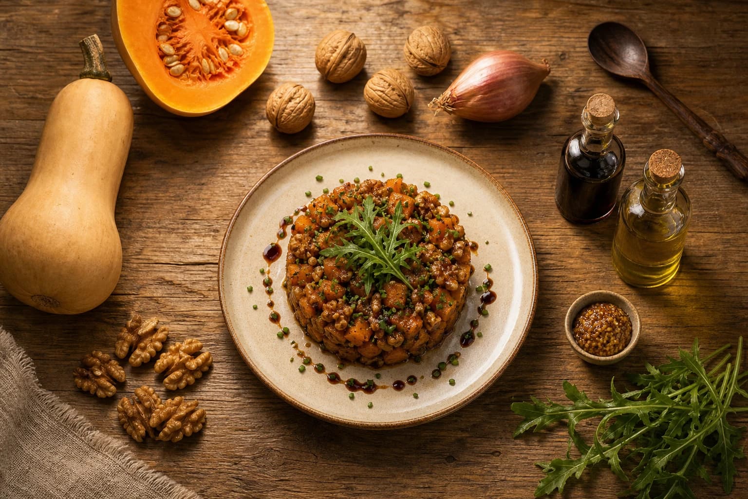 Tartare butternut rôtie noix — brunoise tiède en dôme avec roquette et noix concassées