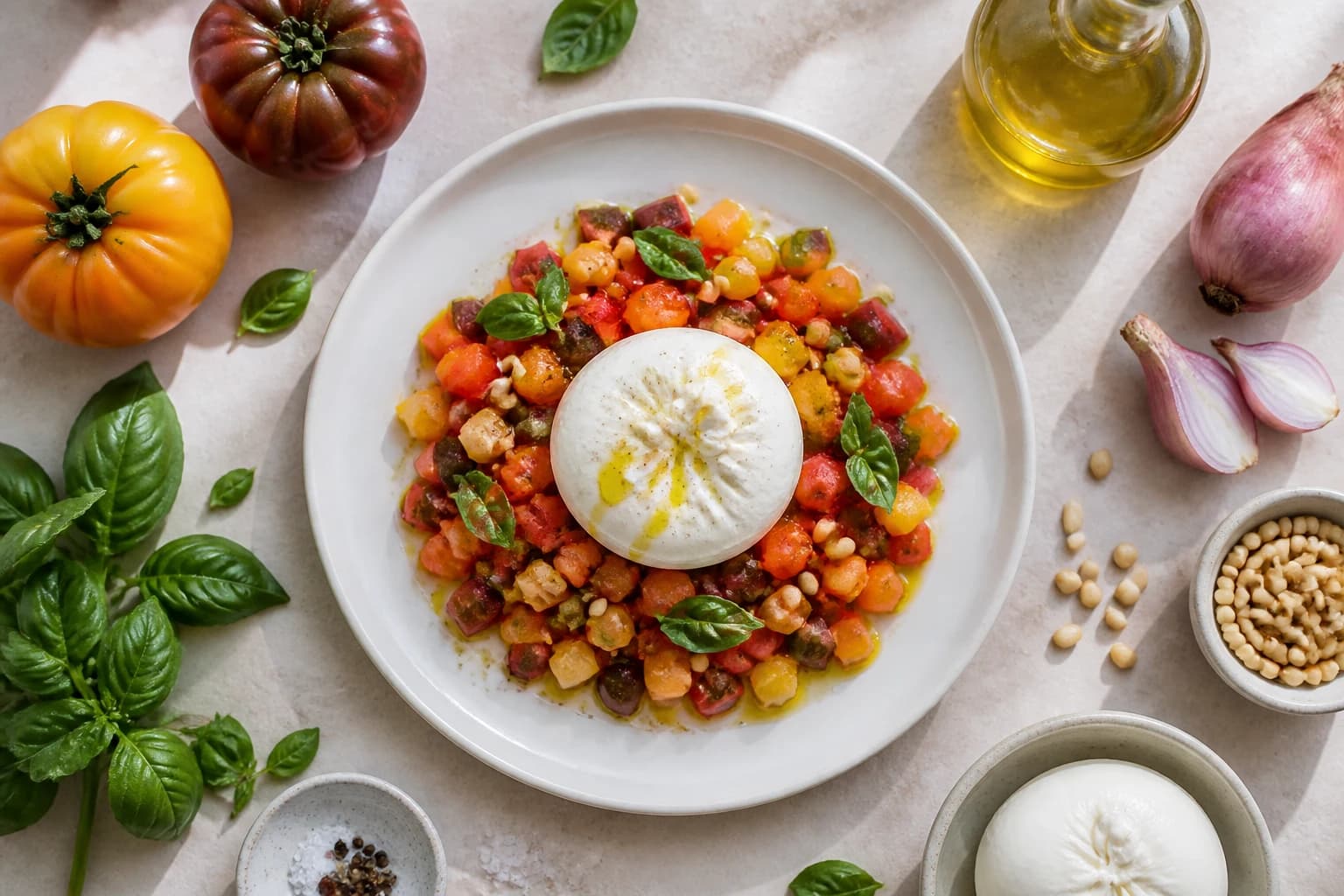 Tartare de tomates anciennes et burrata avec ingrédients frais disposés autour, vue du dessus