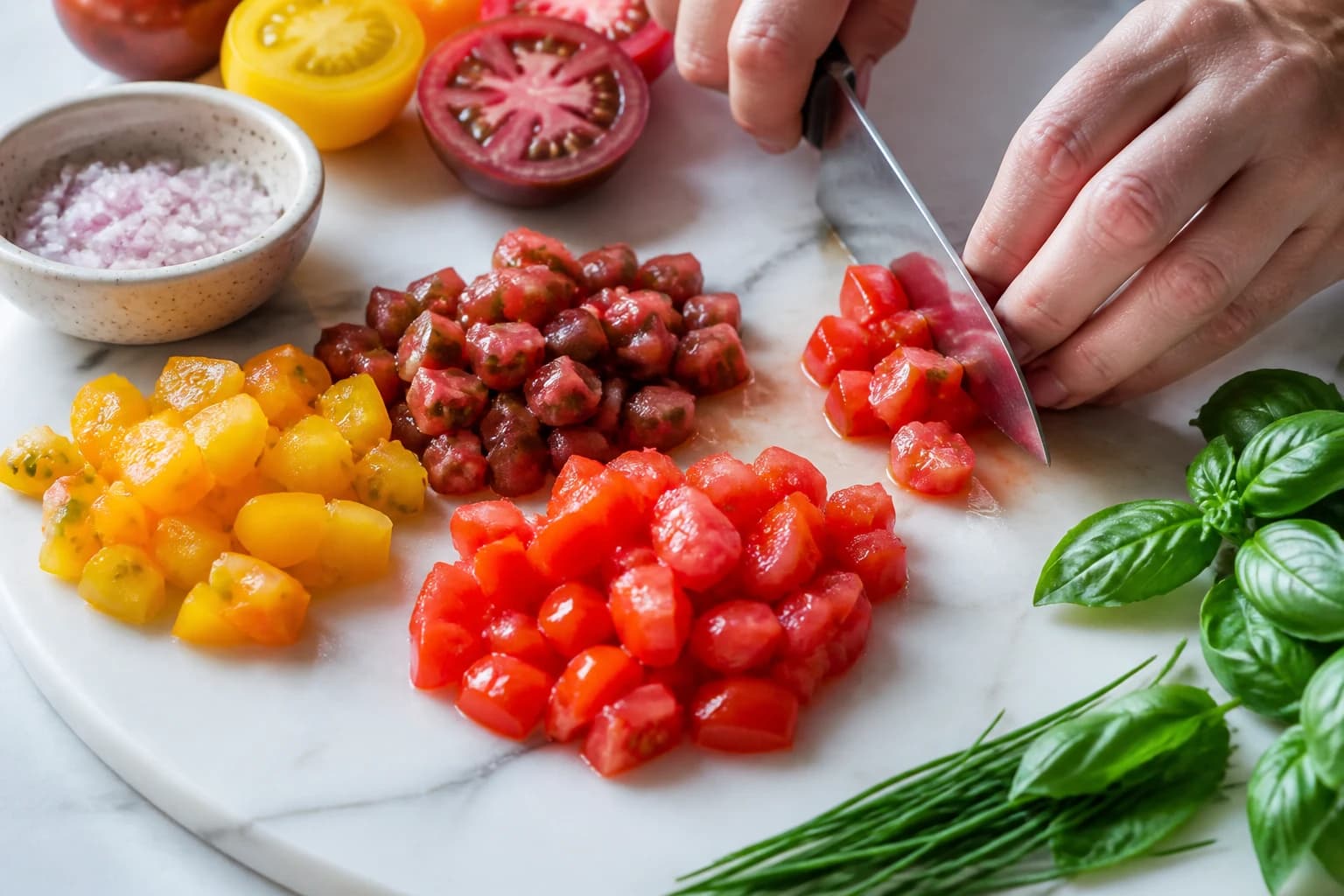 Etape 1 : Préparer la brunoise de tomates anciennes — Tartare de tomates anciennes & burrata